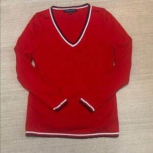 Tommy Hilfiger Women’s Red V-Neck Sweater with Navy and White Trim Size M